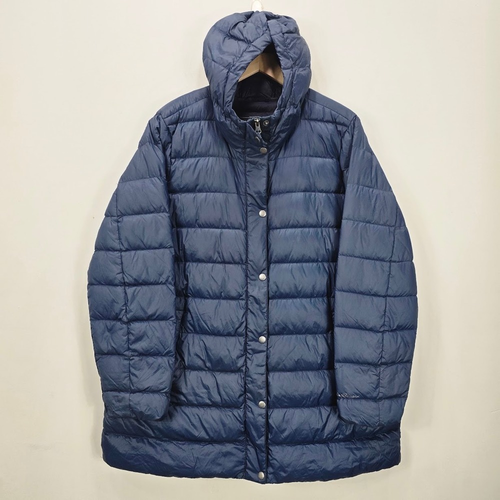 Eddie Bauer Down Puffer Jacket Women's 2X Blue Packable Lightweight Hooded